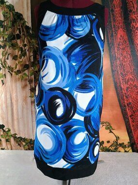 EUC AB Studio Size 14 Blue & White Abstract Art Sleeveless Sheath Dress
